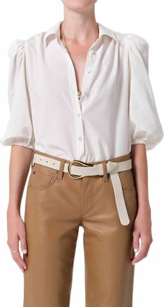 Citizens Of Humanity Anya Puff Sleeve Shirt In Sand Microstripe