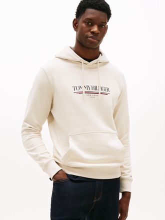 Tommy Hilfiger Hoodie TOMMY HILFIGER BRAND LOVE HILFIGER HOODIE, Herren, Gr. M, beige (newsprint), Sweatware, Obermaterial: 100% Baumwolle, Rippb&uuml;ndchen, Sweatshirts