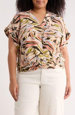 Adrianna Papell Short Sleeve Twisted Hem Top in Water Color Leaf at Nordstrom Rack, Size 1 X