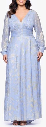 Betsy & Adam Metallic Jacquard Long Sleeve Gown in Peri/Gold at Nordstrom, Size 18W