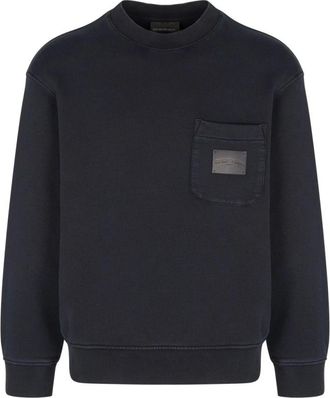 Emporio Armani Sweatshirts, male, Black, XL, Navy Crew Neck Jumper with Pocket