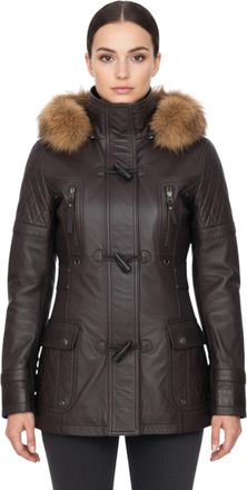 Infinity Leather Womens Brown Lamb Leather Quilted Parka Fur Hood Jacket- Duchess