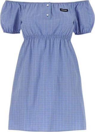 Miu Miu Blue Checks Off Shoulder Mini Dress