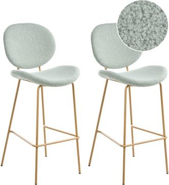 Beliani Conjunto de 2 sillas de bar bouclé patas hierro imitación madera tapas sin reposabrazos diseño retro asientos comedor verde claro Luana