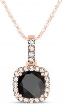 Allurez Black Onyx & Diamond Halo Cushion Pendant Necklace 14k Rose Gold (1.66ct)