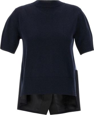 sacai Asymmetrische Patchwork Trui - Dames - Ronde hals truien - Blauw - M - Katoen - Truien & Vesten