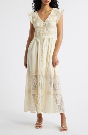 Moon River Lace Embroidered Ruffle Sleeve Midi Dress in Cream at Nordstrom, Size X-Large