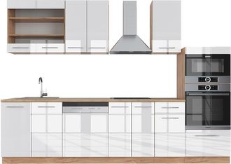 Vicco Mueble De Cocina Fame-line, Blanco Brillo Intenso/roble Dorado, 300 Cm Con Armario Alto, Et Roble