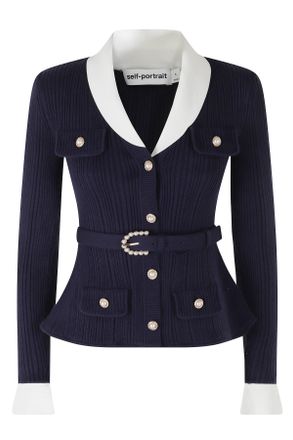 Self Portrait Navy Ribbed Jeweled Button V-Neck Cardigan