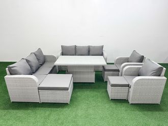 Fimous PE Rattan High Back Lounge Sofa Set Patio Adjustable Lifting Dining or Coffee Table & Chairs Set w/ 3 Seater Sofa Reclining Chair 3 Stools