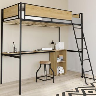 IDMarket Detroit Cama Alta Individual Con Escritorio Y Almacenaje 90 X 190 Cm, Dise&ntilde;o Industrial