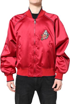 Dolce & Gabbana Red Floral Patch Full Zip Men Bomber Mens Jacket (Pre-Owned)