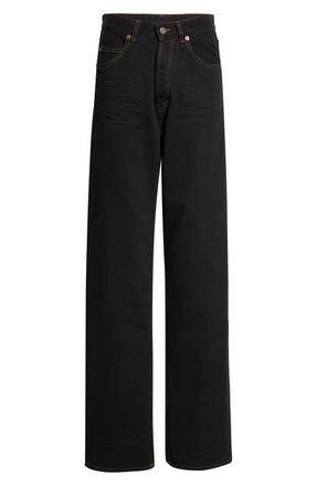 Saint Laurent High V-Waist Baggy Denim Wide Leg Jeans in Deep Sea Black at Nordstrom, Size 28