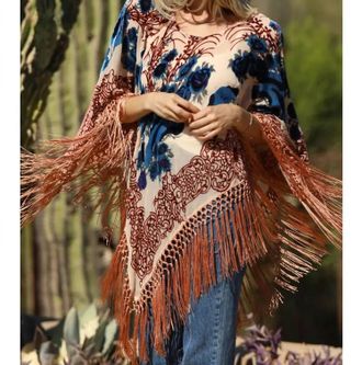Angie Velvet Fringe Poncho In Cream And Blue