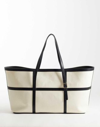 & Other Stories borsa tote grande in tela di cotone con dettagli in pelle bianca-Bianco