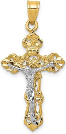 Diamond2Deal 14k Two-tone Gold Fleur De Lis Crucifix Pendant