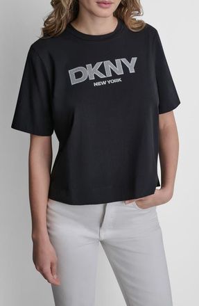 DKNY Rhinestone Border Logo Stretch Cotton Graphic T-Shirt in Black at Nordstrom, Size X-Large