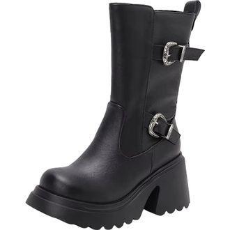 Generic Womens Retro Casual Mid Calf Boots Round Toe Super High Block Heel Platform With Side Zipper And Metal Decor