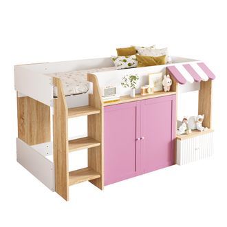 STILVORA Letto A Soppalco 90 X 200 Cm In Legno Con Scaffali, Ante Di Stoccaggio E Scala, Senza Materasso, Bianco E Rosa