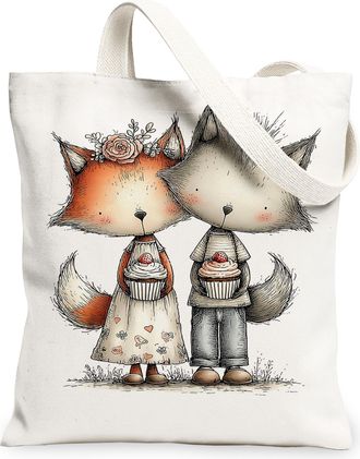 Generic Cute Animal Canvas Tote Bags, Fox and Wolf Design Reusable Grocery Bags, Lightweight Washable Shoulder Strap Canvas for Eve, White, 13x15 Inch