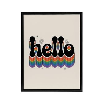 Artery8 Hello Colourful Retro Rainbow Font Typography Framed Canvas Art Print in Beige | Size: W24 x H32
