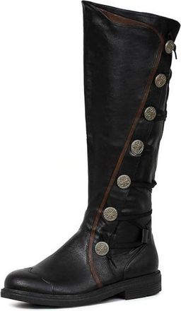Generic Mens Round Toe Medieval Long Boots Flat Heel Knee High Boots PU Leather Pirate Boot with Button,Black,7.5 UK