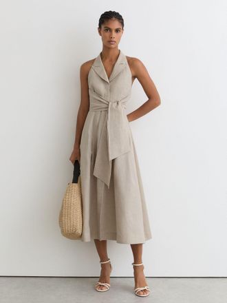 Reiss Neutral Petite Linen Tie-waist Tailored Midi Dress, 14