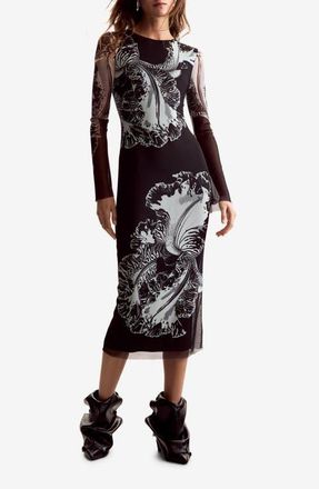Desigual Floral Print Long Sleeve Midi Dress in Black at Nordstrom, Size X-Small