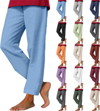 Generic Plus Size Ladies White Linen Trousers Womens with Pockets Drawstring Cotton Linen Straight Wide Leg Pants Boho Summer Casual Loose High Waist Trousers