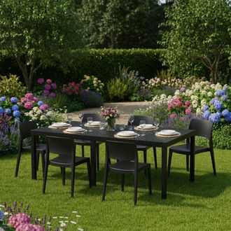 Dmora Set De Sal&oacute;n Exterior Maseta, Sala Exterior 6 Asientos, Mesa Extensible Hecho En Italia, Acabado Efecto Listones, Negro Antracita