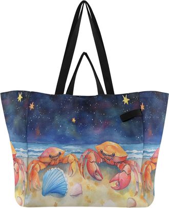 Generic Crabs Seashell Blue pattern Reusable Canvas Tote Bag, Heavy Duty Grocery Shopping Bag with Hard Bottom Double Handles Large Capacity Work Groceries Tr