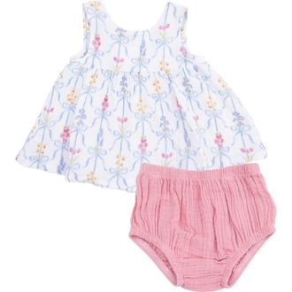Angel Dear Ribbon Bouquets Organic Cotton Muslin Dress & Bloomers Set in Ivory at Nordstrom, Size 12-18M