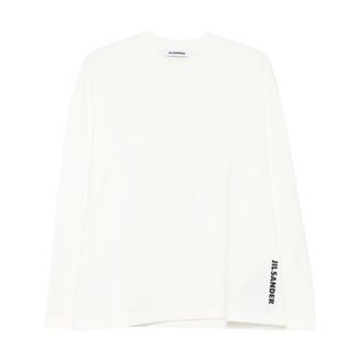 Jil Sander T-shirt Girocollo Manica Lunga in Cotone con Dettaglio Logo - - Tops - Donna - Bianco - M