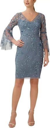 Adrianna Papell V-Neck Illusion Beaded Dress In Dusty Blue