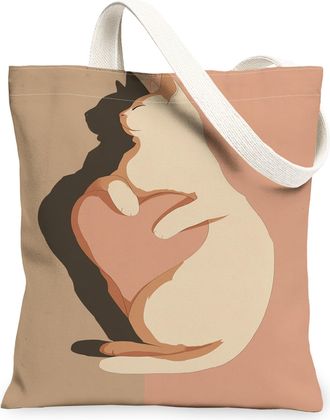 Generic Cat Love Canvas Tote Bags, Cute Animal Heart Pattern Reusable Grocery Bags, Stylish Lightweight Washable Shoulder Strap Can, Peach, 13x15 Inch