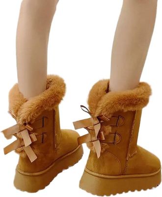 Generic YUJIEBB Winter Thick-Soled Mid-Tube Snow Boots Bow Furry Mouth Plus Fluffy Thick Cotton Boots Casual Everything Beige