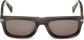 Ermenegildo Zegna 55mm Rectangular Sunglasses in Khaki Green Havana/Ruthenium at Nordstrom