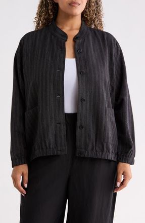 Eileen Fisher Pinstriped Stand Collar Jacket in Black/white at Nordstrom, Size 1X