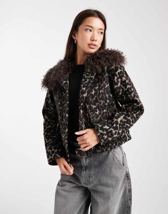 Wednesday's Girl Giacca marrone con stampa leopardata e finiture in pelliccia sintetica