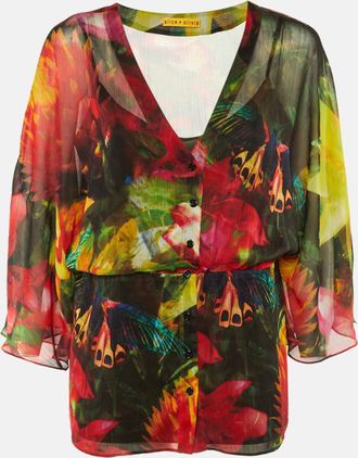 Alice & Olivia Alice + Olivia Multicolor Floral Butterfly Print Crepe Top
