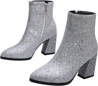 Supvox Womens Autumn High Heel Boots Pointed Toe Silver Sequins Side Zipper Short Ankle Boots Size 38 Stylish Female Rough Heel Footwear