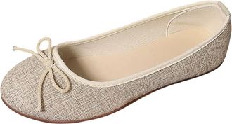 Generic Flat Shoes for Women Elegant Bow Pumps Shoes Solid Color Fashionable Breathable Casual Comfortable Dressy Slip On Ballet Flats Work Leisure Beige