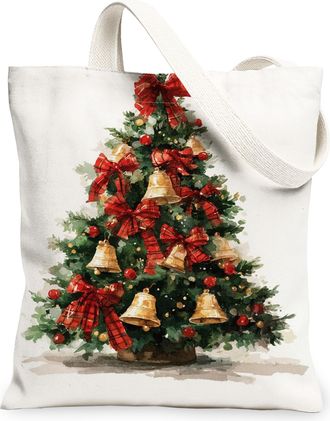 Generic Festive Canvas Tote Bags, Vintage Christmas Tree Design Reusable Shopping Bags, Lightweight Washable Canvas for Holiday Tra, White, 13x15 Inch