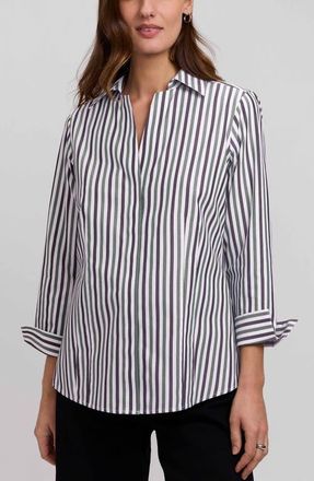 Foxcroft Taylor Stripe Cotton Button-Up Shirt in Olive Green/multi at Nordstrom, Size 14