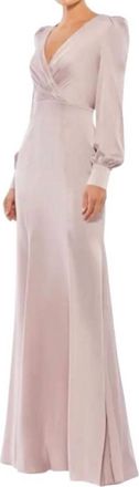 Mac Duggal Ruched Bishop Sleeve Gown In Rose Pink