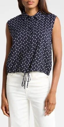 Adrianna Papell Floral Sleeveless Button-Up Top in Navy/Ivory Petal at Nordstrom Rack, Size X-Small