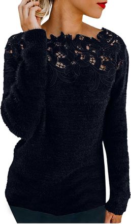 Generic HUIFUAO Lace Cashmere Jumpers Ladies Plus Size Velvet Sweaters for Women UK Long Sleeve Elegant Sexy Womens Sweatshirts and Pullover (Navy, XXXL)