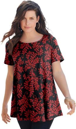 Roaman's Plus Size Ultimate Cotton Crewneck Short Sleeve Swing Tee in Black Red Leaves at Nordstrom, Size Medium