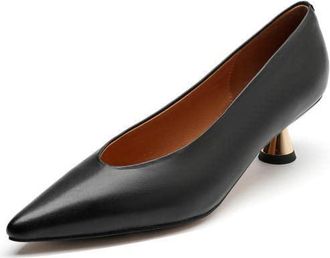 TinaCus Handmade Womens Genuine Leather Pointy Toe Slip On Low Kitten Heel Pumps Shoes, Black, 5.5 UK