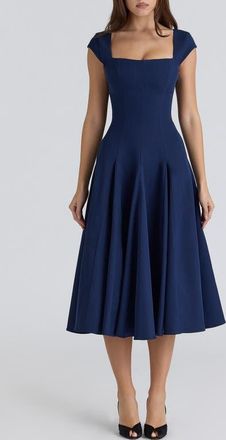 House of CB Raisa Square Neck Peached Twill Cocktail Dress in Navy at Nordstrom, Size X-Small